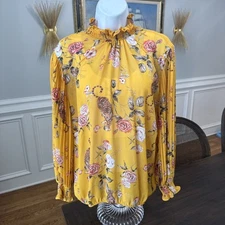 Soho Jeans New York & Co. Top Womens M Tiger Floral Pleated Semi Sheer Mustard