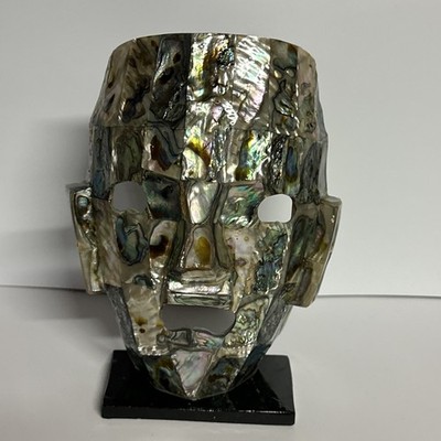 Aztec Mayan Burial Face Mask Sculpture Abalone Mother of Pearl on Base