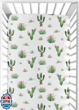 Pink Green Boho Watercolor Baby or Toddler Fitted Crib Sheet for Cactus Flora