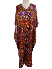 Vtg Beaded Ikat Kaftan Maxi Dress One Size Resort Boho Ms Roper Housecoat
