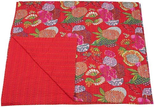 Handmade Fruit Print Red Kantha Quilt Reversible Cotton Blanket Bedding throw - Picture 4 of 8
