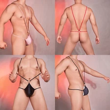 Mens Mankini Sissy Suspender Silk Underwear Sexy Thongs Solid Color Jockstrap