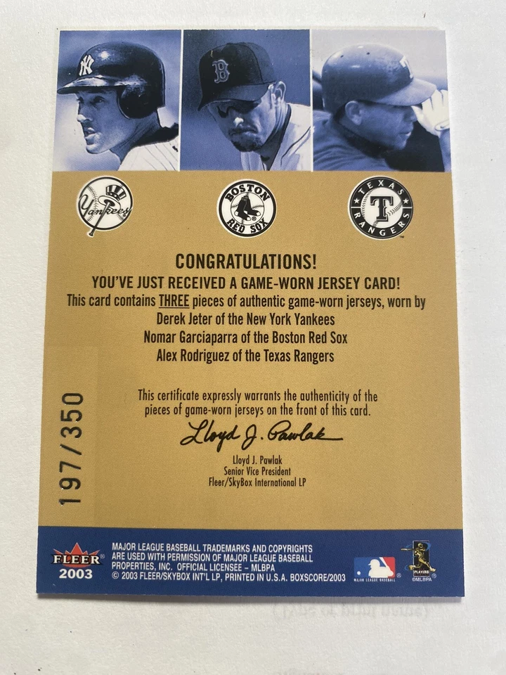 2003 Fleer Jeter / Garciaparra / Rodriguez Box Score Jersey Rack Relic SP #/197 - Image 2 of 3
