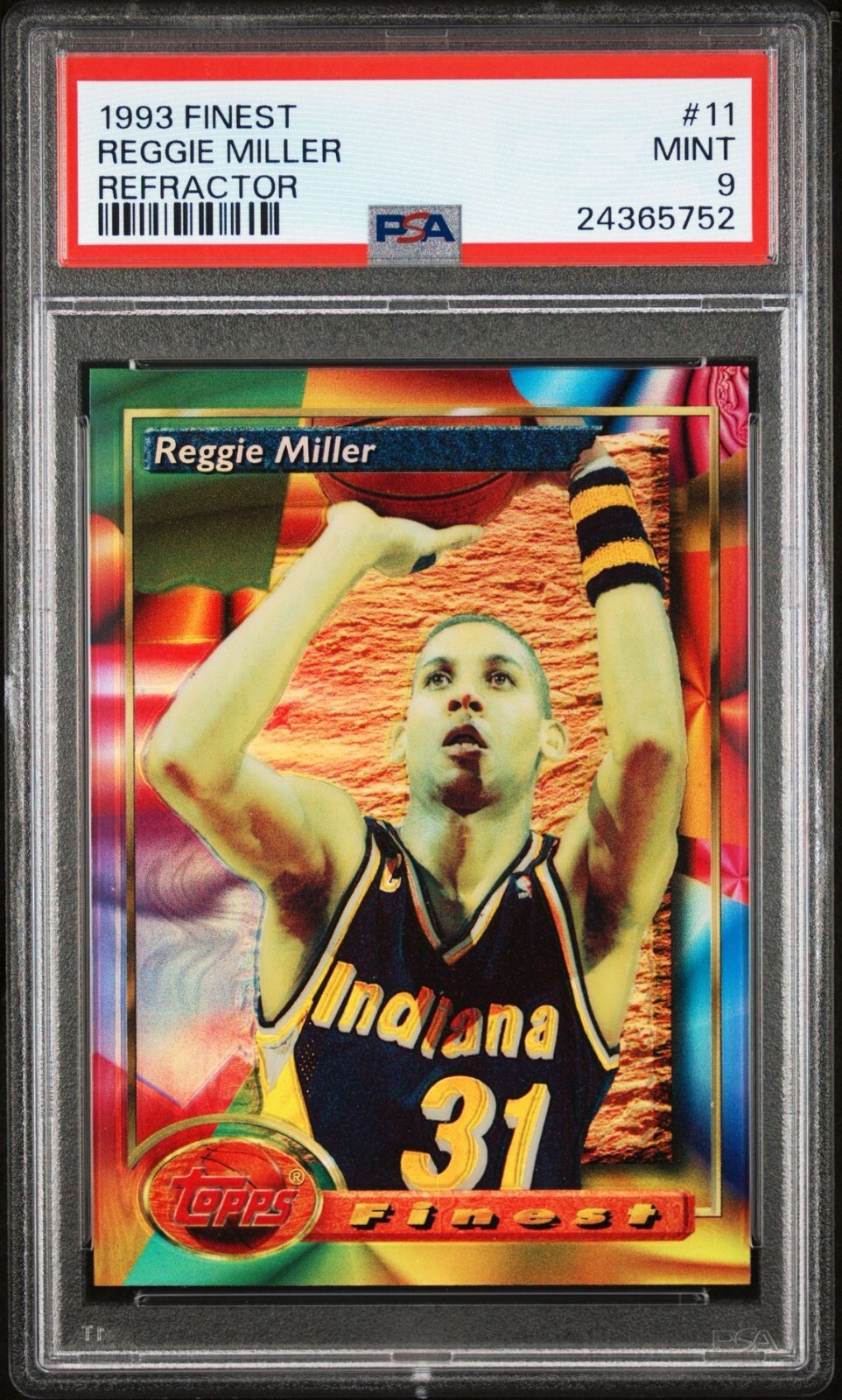 Reggie Miller 1993 Topps Finest Refractor Basketball Card #11. PSA 9. Mint