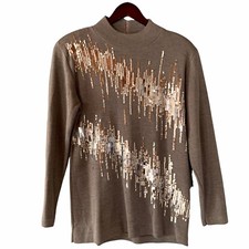 Vintage Ann Wi Sequined Sweater Medium Mock Neck Holiday Wool Blend Silver Gray