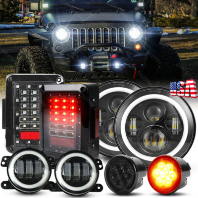 Turn Tail Lamp Combo For Jeep Wrangler JK 2007-2018 7'' LED Headlights Fog Lights