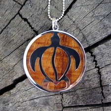 Hawaii Jewelry Koa Wood Turtle Honu Silver Rhodium Plated Brass Pendant BRP1034