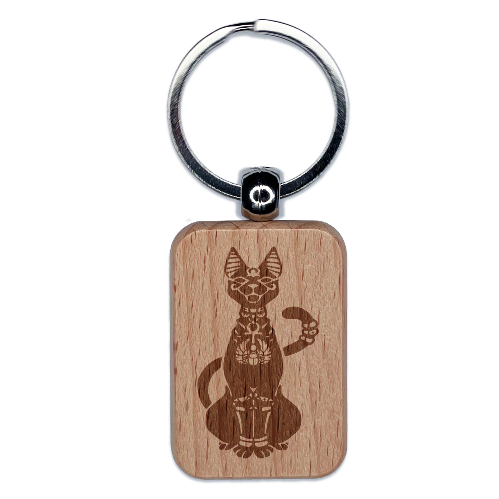Bastet Feline Egyptian Cat Goddess Engraved Wood Rectangle Keychain Tag Charm