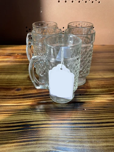 VTG Diamond Quilt Glass Footed Handled Drinking Glass Tumbler Mug Set of 5