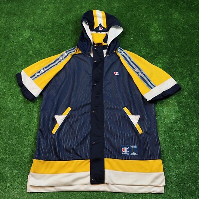 Vintage Champion Jacket Mens L Short Sleeve Full Zip Button Hooded Blue  Yellow