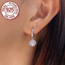 Gorgeous Cubic Zirconia Sunflower Dangle 925 Sterling Silver Earrings Women Gift