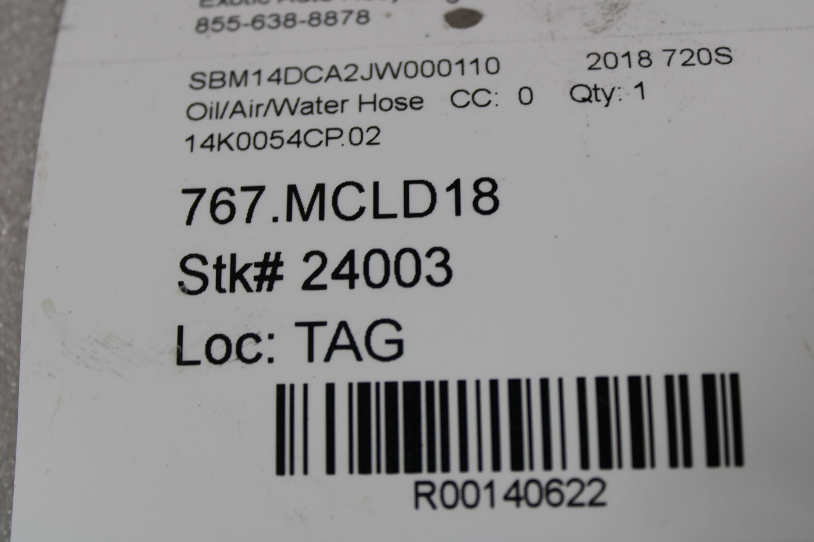 Mclaren 720S, Emission Hose, Used, P/N 14K0054CP