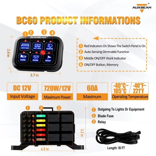 AUXBEAM 6 Gang Switch Panel On-Off LED Circuit Control Relay System Box Car Boat - Picture 3 of 12