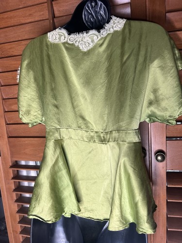 Vintage Y2k Silk Babydoll Blouse Top Green Peplum Wrap Whimsy Goth Coquette VTG - Picture 6 of 15