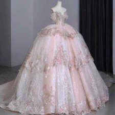 Elegant Pink Beaded Wedding Dresses Off Shoulder Ball Gown Train Bridal Gowns