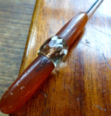 antike Art Deco Bernstein Zelluloid Klarglas Perlen Zylinder Hut Pin -X14