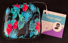 Tech Case - Earbuds Case - Hard Sides - Zipper - Cord Storage - Black Tropical*