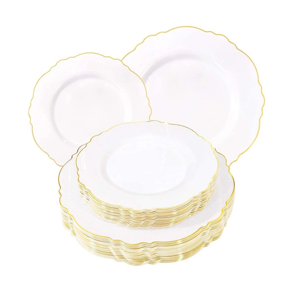 100 золотых пластиковых тарелок WDF — 60 золотых пластиковых тарелок — барочный белый - Изображение 2 из 4