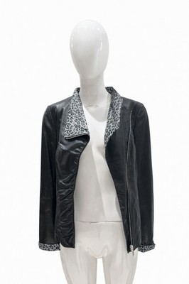 Ottimo Women s Genuine Leather Jacket Black Leopard Trim Moto Style Size 36 NWT