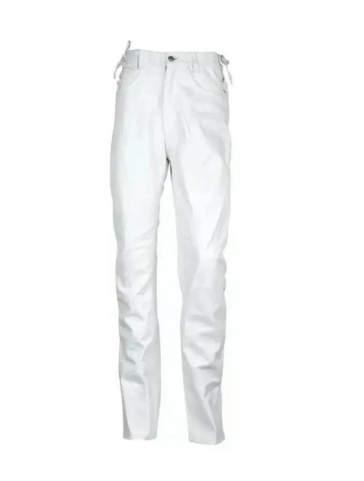 Men's Waist Side Short Laces 100% GENUINE Lambskin LEATHER White Jean Pant