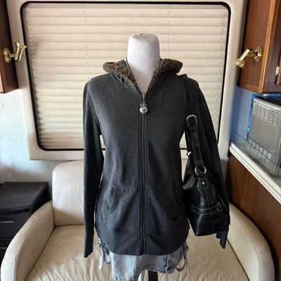 Y2K Roxy surf grunge fur hood zip up jacket