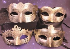 Halloween Party Mask 12 Gold Color w/Black Ribbon Ties Props 4 Delicate Designs