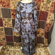 Free People Melrose Long Dress Women’s 6 Black Blue Floral Bell Sleeve Lattice