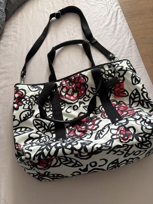 Coach White Black Red Floral Print Tote Bag with Pink Lining for