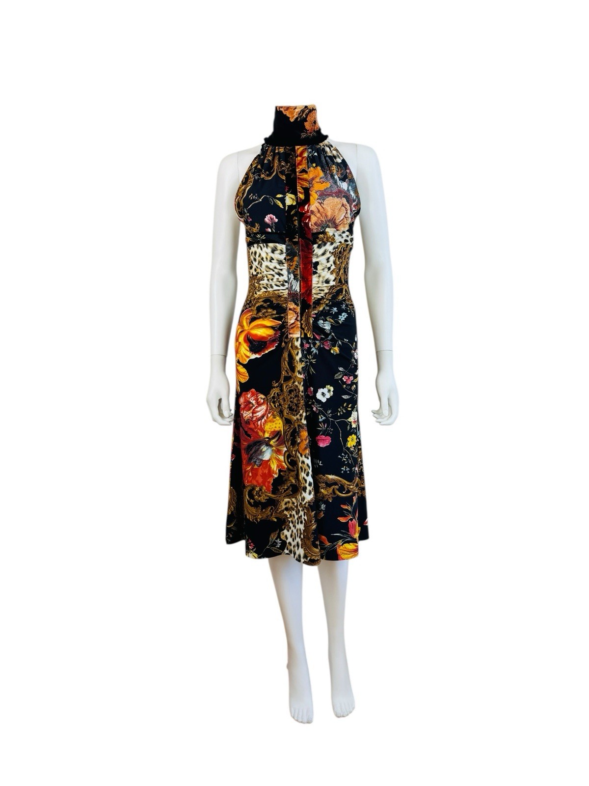 Vintage F/W 2005 Roberto Cavalli Black Halter Keyhole Cut Out Midi Dress Floral image 2