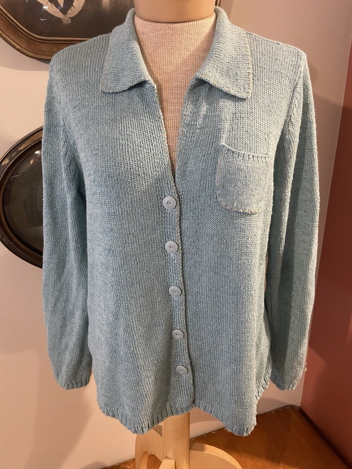 Cardigã Sigrid Olsen Sport M concha de ovo azul suéter detalhe de ponto de bolso - Imagem 2 de 4