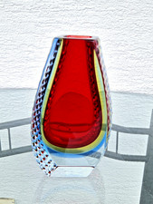Alte Murano Glasvase  Alessandro Mandruzzato faccetierte Kunstglas gelb rot blau