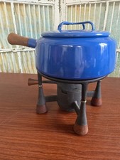 Vintage DANSK 1HQ Kobenstyle Blue Enamel Wood Handle Fondue Pot Cast Iron Stand