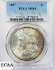 1887 MORGAN SILVER DOLLAR, PCGS MS-64 NICE RAINBOWS (M253)