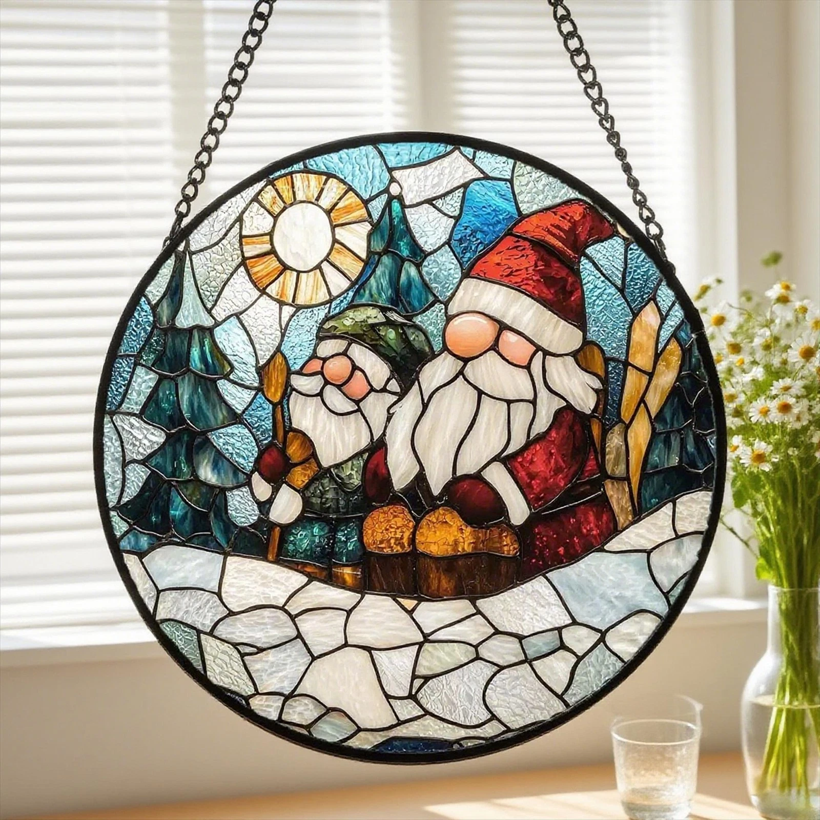 Santa & Elf Stained Glass Christmas Window Ornament
