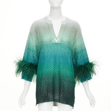 VALENTINO 2023 green grey lurex ombre ostrich feather trim knitted tunic top XS