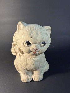 Cast Iron White Cat Pink Tongue Coin Bank 4.75”- Some Rust