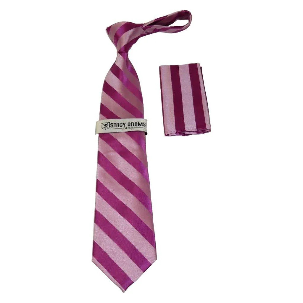 Mens Stacy Adams Tie and Hankie Set Woven Silky St42 Fuchsia Stripe 7090₽
