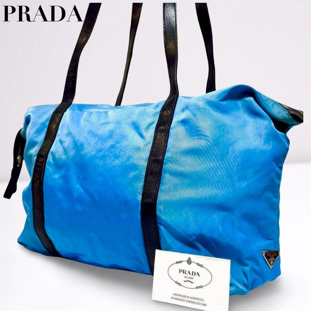 PRADA Boston bag with triangular logo, nylon, blue, unisex #PGHSI4