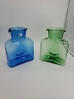 (2) Vintage Blenko Cobalt & Green Art Glass Double Spout Water Bottles- Pitchers