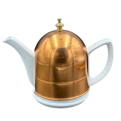 Vintage Copper Insulated Covered White Ceramic Teapot Kettle MCM 1070s Hosting