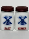 VTG McKee Milk Glass Dutch Blue Windmill Salt & Pepper Shakers W/Red Lids 1950’s