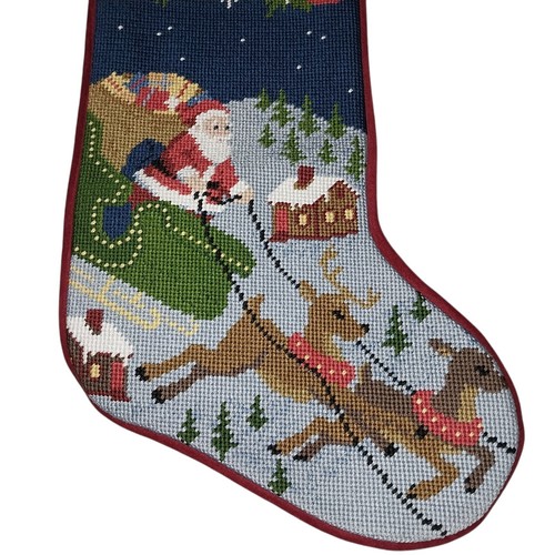 George LL Bean 100% Wool Christmas Needlepoint Stocking Santa Sleigh Blue & Red - Picture 12 of 16