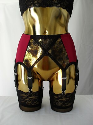 Med-XL 14 Riemen Burgund Lycra Schwarz Crossover Spitze Designer Retro Strapsgürtel