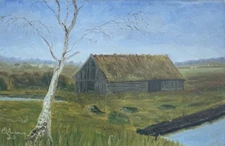 Impressionist Landscape with Wooden House Barn Coast Tree Sky Oil Painting 1920