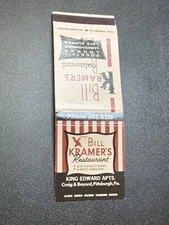 Vintage Pennsylvania Matchbook “Bill Kramer’s Restaurant” Pittsburgh