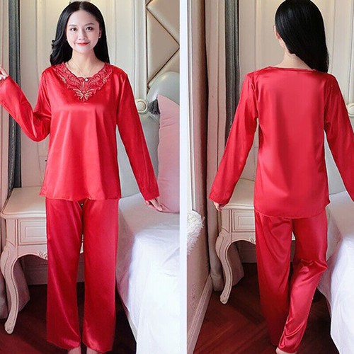Nuevo conjunto de pijamas de satén para mujer manga larga cuello en V ropa de dormir ropa de salón pijamas - Imagen 7 de 13
