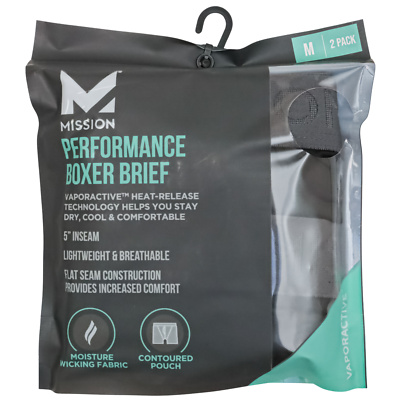 2 Pk MISSION Black Performance Boxer Briefs M (32-34) Moisture