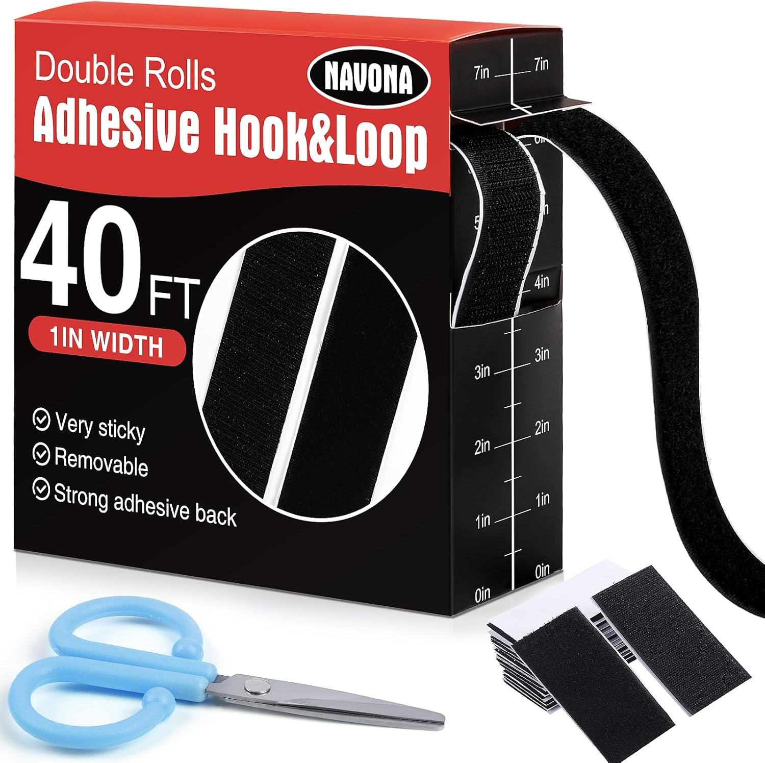 40Ft Heavy Duty Self-Adhesive Hook and Loop Strips Double Rolls 1 Inch Wide