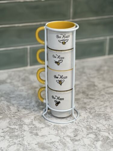 “Bee Happy” Signature Housewares Stackable 4 Stoneware Mug Set & Tower Stand