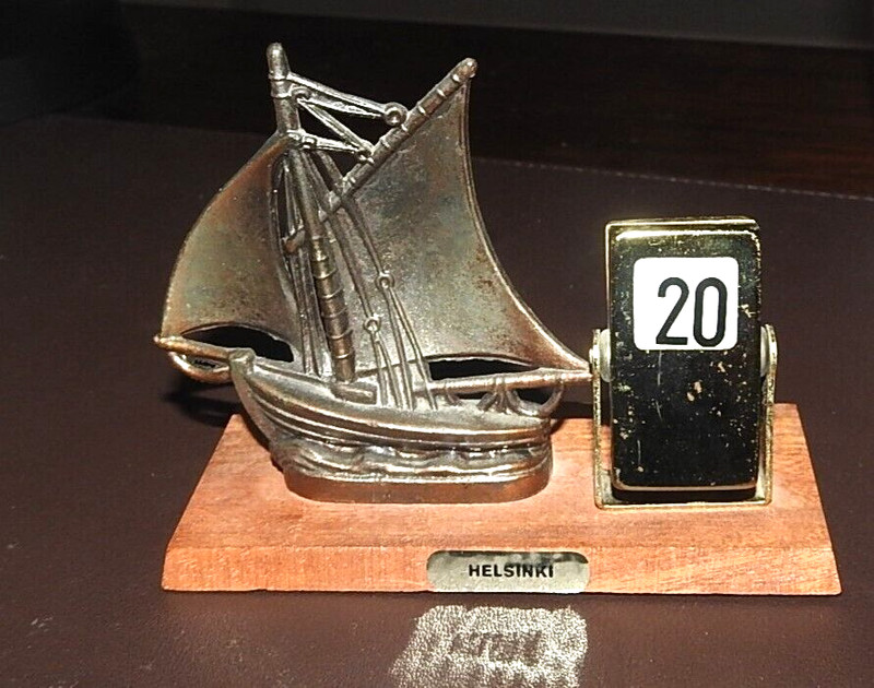 RARE Vintage 1950s Perpetual Desk Calendar Brass Metal SailBoat Helsinki Finland